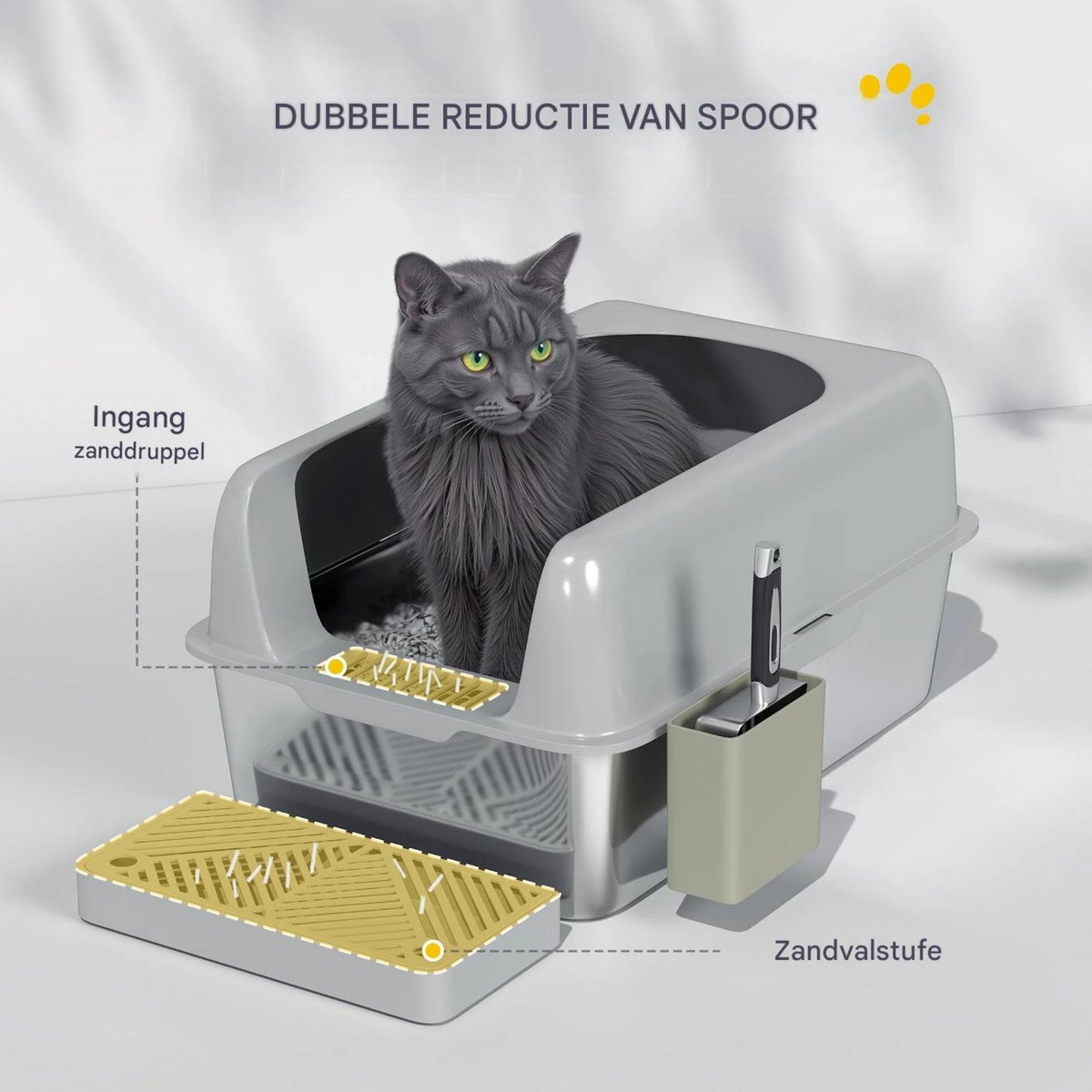 Miniatuur van productfoto 7 van RVS Kattenbak XXL Zonder Deksel – Met Schepje, Hoge Rand, Mat & Opbergbox – Lichtgrijs
