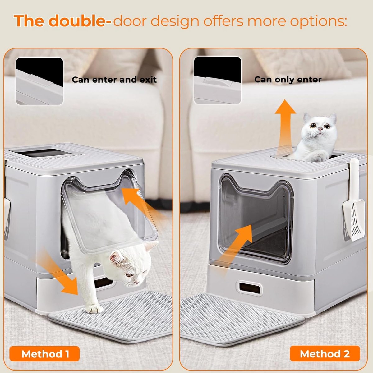 Miniatuur van productfoto 3 van Famanu – Kattentoilet - roestvrijstalen kattenbak met deksel en uittrekbaar dienblad - hop in kattenbak XXL met kattenbakmat en schep voor katten tot 15 kg - eenvoudige reiniging - lekvrij