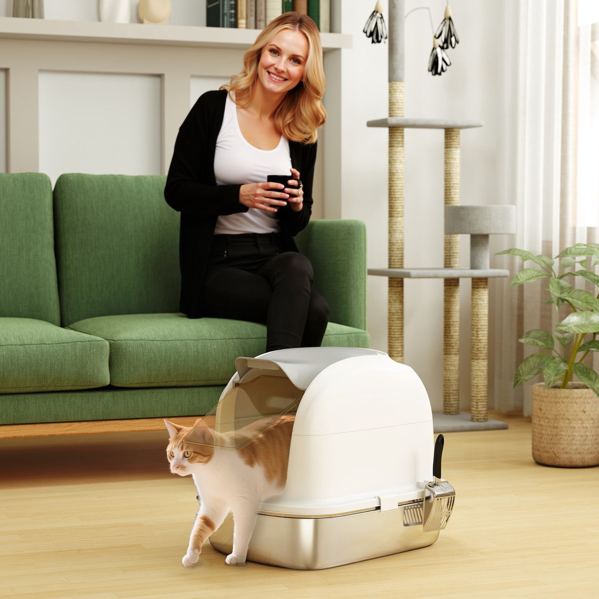 Miniatuur van productfoto 6 van ECTEATOY®Roestvrijstalen Kattenbak - Premium RVS Kattenbak XL met Klapdeksel en Hoge Randen - Incl - Kattenbakschep & Geurfilter - Geurvrij & Anti-Lek - Wit