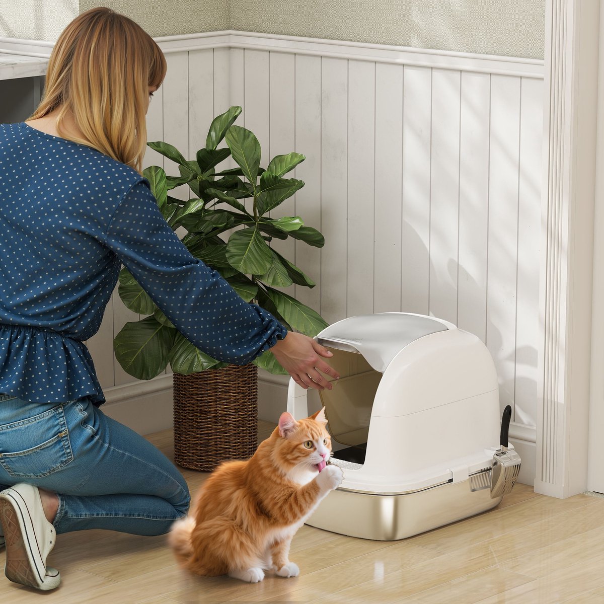 Miniatuur van productfoto 8 van ECTEATOY®Roestvrijstalen Kattenbak - Premium RVS Kattenbak XL met Klapdeksel en Hoge Randen - Incl - Kattenbakschep & Geurfilter - Geurvrij & Anti-Lek - Wit