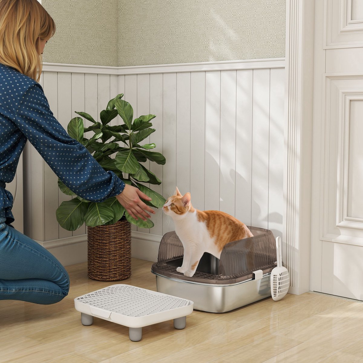 Miniatuur van productfoto 2 van ECTEATOY®Extra Grote Kattenbak van Roestvrij Staal met Hoge Rand - Inclusief Schepje & Uitloopmatje - Geurvrij - Makkelijk Schoon te Maken - Grijs