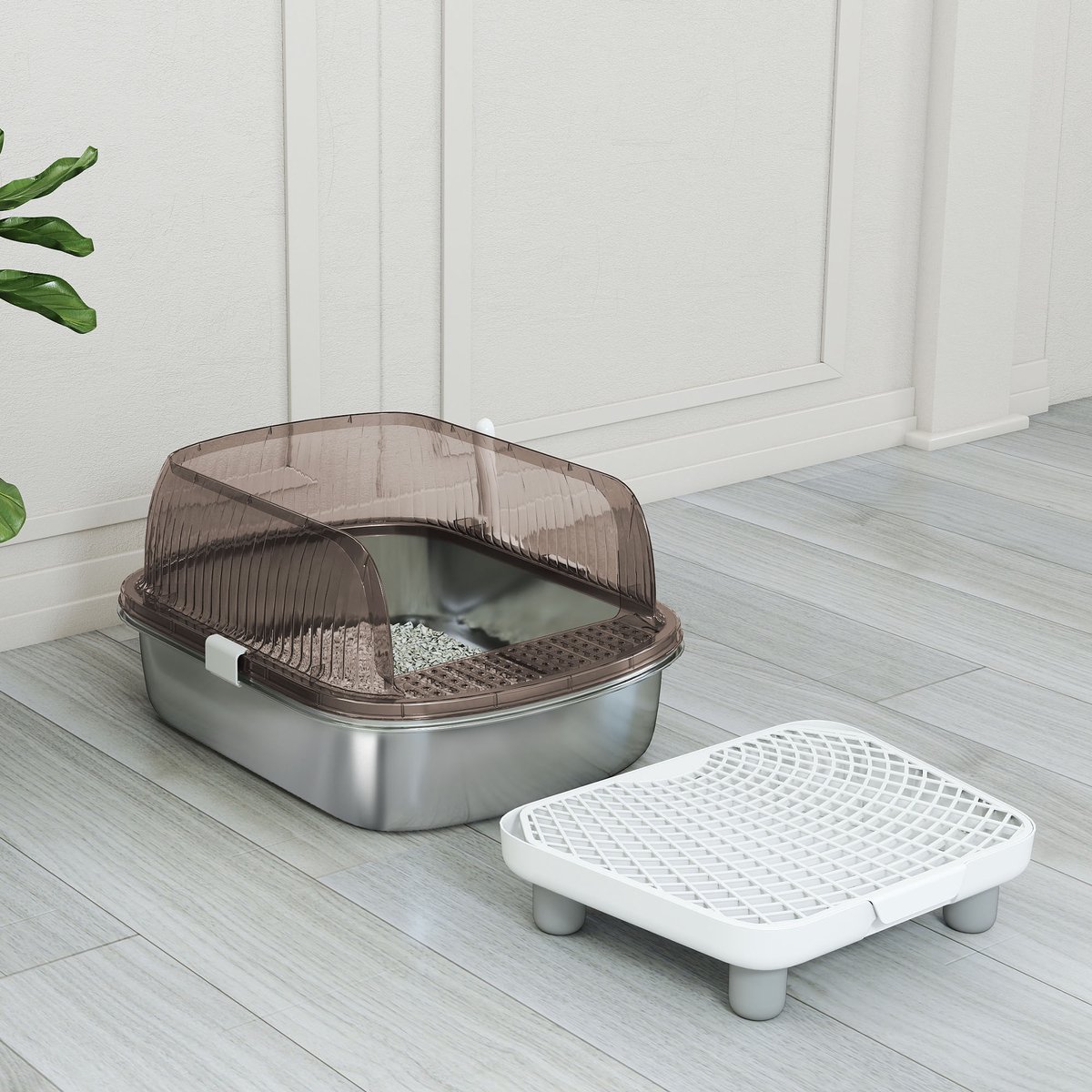 Miniatuur van productfoto 5 van ECTEATOY®Extra Grote Kattenbak van Roestvrij Staal met Hoge Rand - Inclusief Schepje & Uitloopmatje - Geurvrij - Makkelijk Schoon te Maken - Grijs
