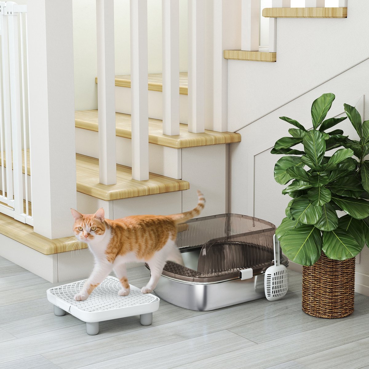 Miniatuur van productfoto 6 van ECTEATOY®Extra Grote Kattenbak van Roestvrij Staal met Hoge Rand - Inclusief Schepje & Uitloopmatje - Geurvrij - Makkelijk Schoon te Maken - Grijs