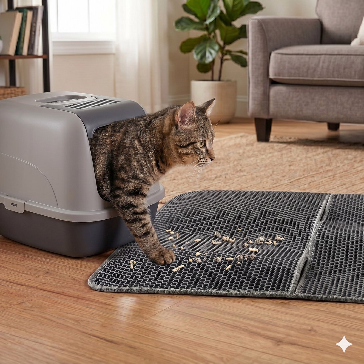 Miniatuur van productfoto 4 van CenZ® Kattenbakmat, XXL, 80 x 60 cm, Kattenbakmat Grit Opvanger, Kattenbakonderlegger, LEREN ZOOL, Dubbellaags, Urine En Waterdicht EVA-Materiaal, Kattenpootdesign, Beschermt Vloer En Tapijt, Gemakkelijk Te Reinigen, Grijs
