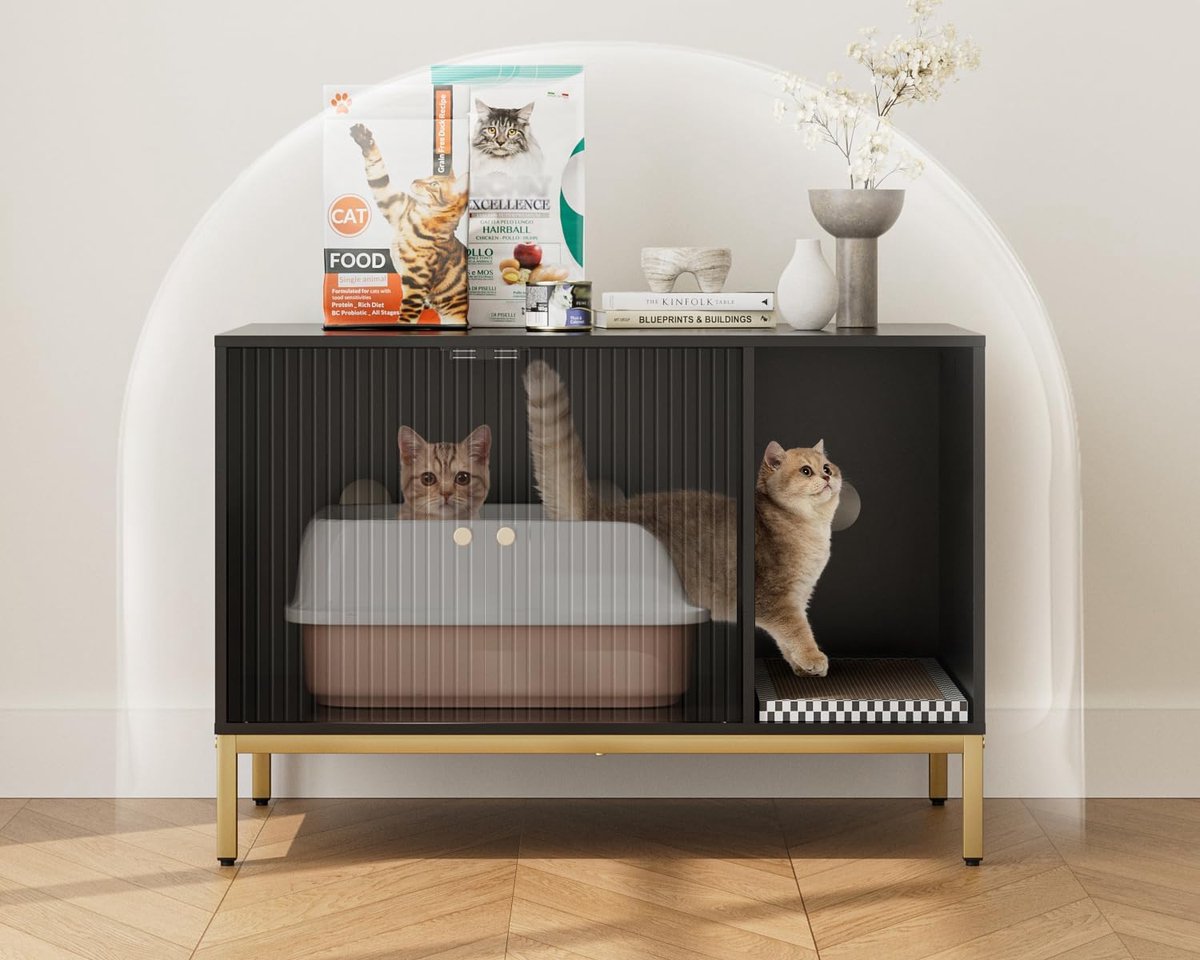 Miniatuur van productfoto 3 van Kattenbak kast, kattenkast met dubbele deuren, kattenhuis met krabmat, hoge poten, voor kattentoilet, bijzettafel, 80 x 50 x 55 cm, zwart, verticale strepen