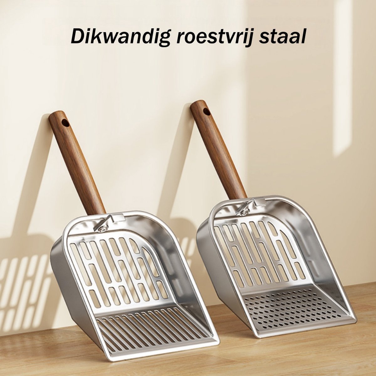 Miniatuur van productfoto 2 van 1 stuk - Kattenbakvulling schep - Roestvrij staal - Versterkte lange steel - Geperforeerde schep - Rond gatontwerp - Geschikt voor de meeste soorten kattenbakvulling - Zilver