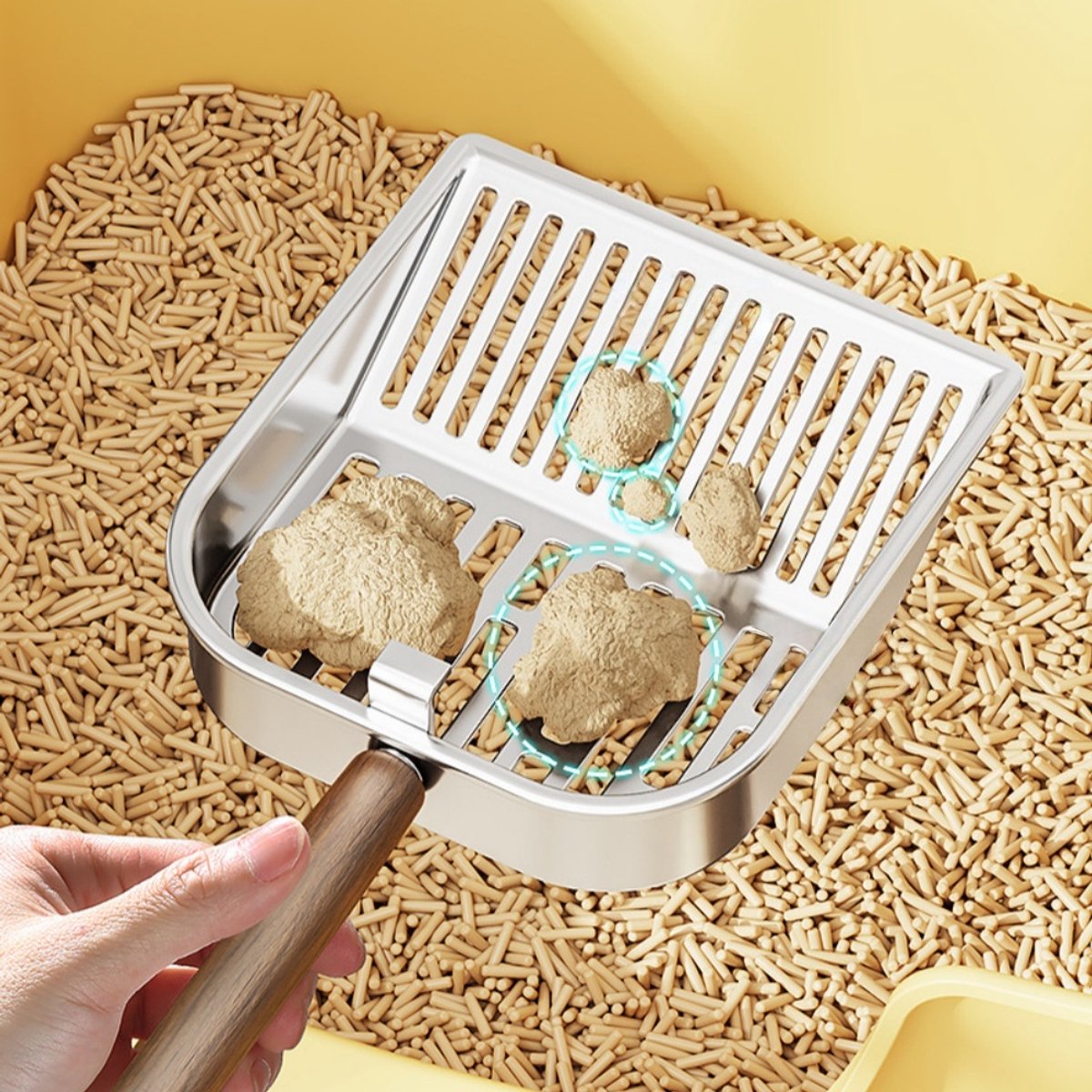 Miniatuur van productfoto 3 van 1 stuk - Kattenbakvulling schep - Roestvrij staal - Versterkte lange steel - Geperforeerde schep - Rond gatontwerp - Geschikt voor de meeste soorten kattenbakvulling - Zilver
