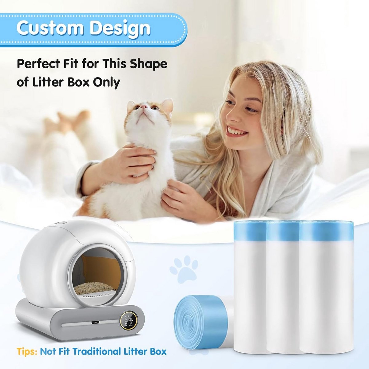 Miniatuur van productfoto 8 van Kattentoilet Zakken - Vuilniszakken Kat - Netheid Houden - Trekband Ontwerp - 60 Stuks - Blauw Wit