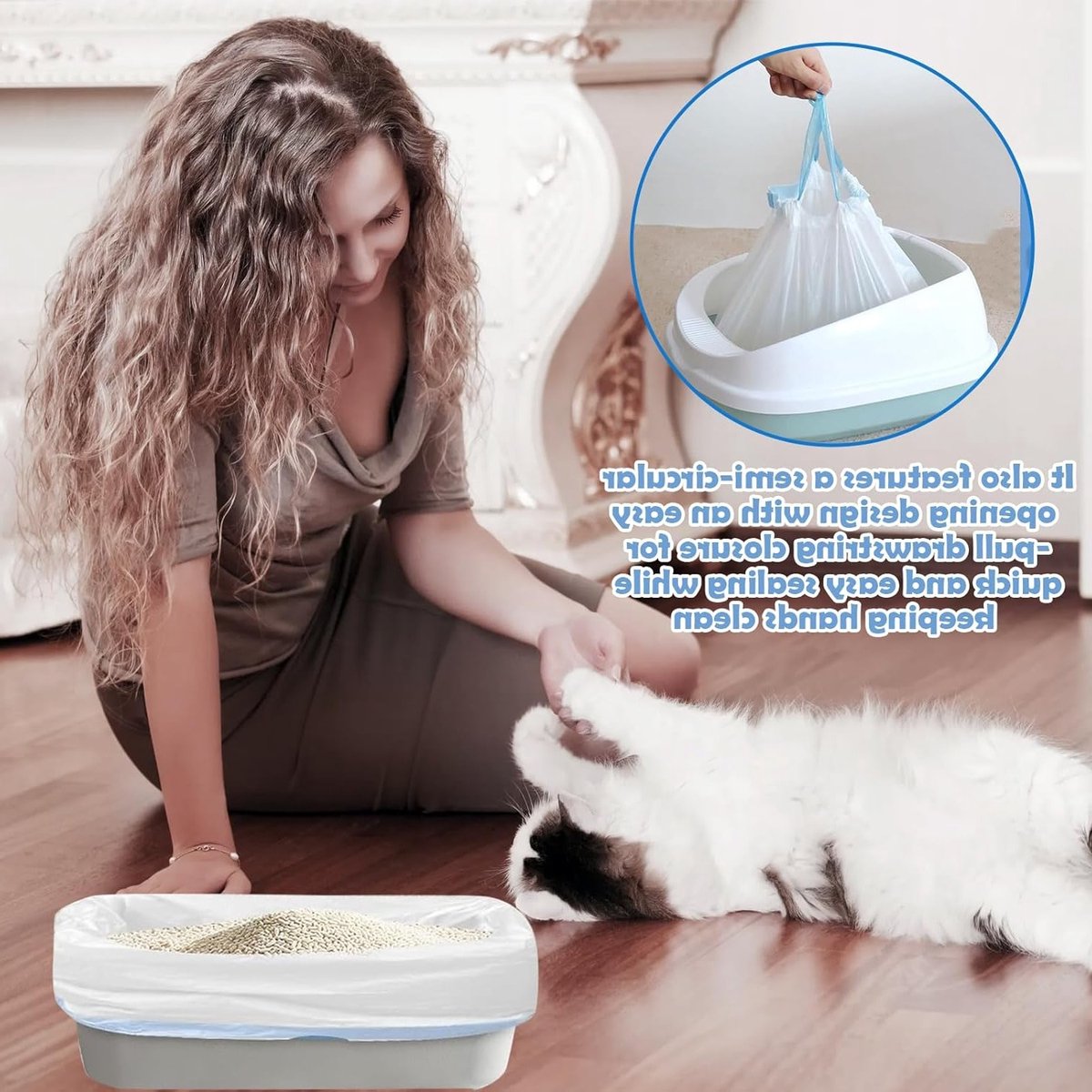 Miniatuur van productfoto 4 van Zelfreinigende kattenbakzakken - 45 stuks - 45 x 50 cm - Dikke zakken met trekkoord - Geschikt voor open en slimme kattenbakken - Eenvoudig schoonmaken en onderhoud thuis