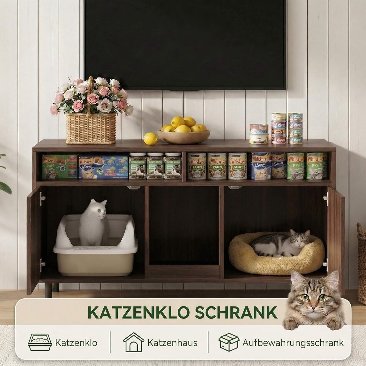 Miniatuur van productfoto 3 van Kattenbak Kast - Kattenmeubel Dressoir - Kattenbak Verbergen - XXL Dubbel Ontwerp - 45x19x30 cm - Walnoot