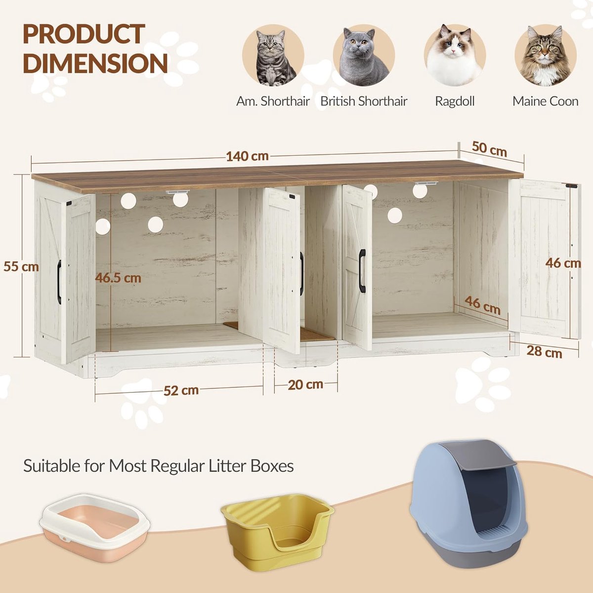 Miniatuur van productfoto 5 van Kattenbak Meubel - Kattenhuis Opbergkast - Privacy Creëren - Dubbele Kast Ontwerp - 140 x 50 x 55 cm