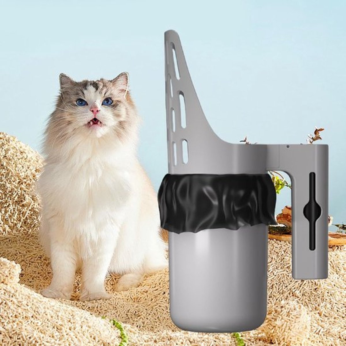 Miniatuur van productfoto 2 van Kattenbakschep - Met Opvangbak - Wordt geleverd met vuilniszak - Bevat 8 rollen opvangzakken - Vangt Onlasting Op - Kattenbakvulling Reinigen - Draagbare kattenbakemmer - Kattenbakschep - Geschikt voor dagelijkse reiniging - 13.5 *23.5 cm