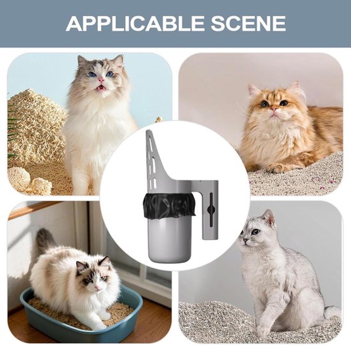 Miniatuur van productfoto 4 van Kattenbakschep - Met Opvangbak - Wordt geleverd met vuilniszak - Bevat 8 rollen opvangzakken - Vangt Onlasting Op - Kattenbakvulling Reinigen - Draagbare kattenbakemmer - Kattenbakschep - Geschikt voor dagelijkse reiniging - 13.5 *23.5 cm