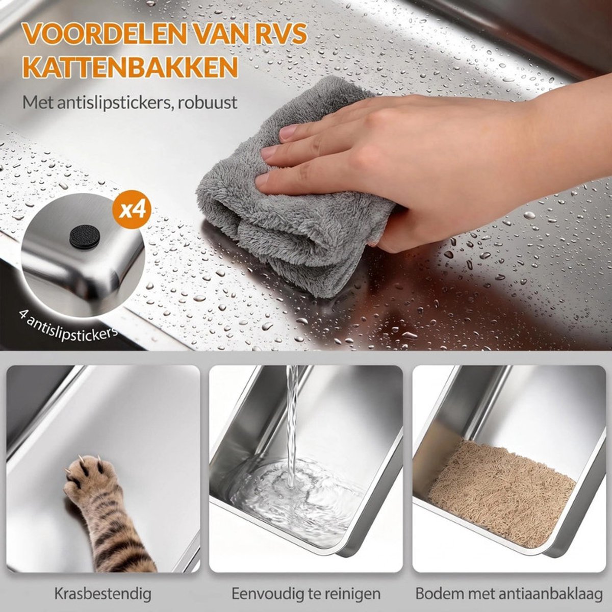 Miniatuur van productfoto 6 van Hzuaneri Roestvrijstalen Kattenbak, XXL Metalen Kattenbak, Donkergrijs,Kattenbak met Deksel, Inclusief Opstapje en Schepje, Eenvoudig Schoon te Maken, Twee Ingangen, 60 x 40 x 38 cm