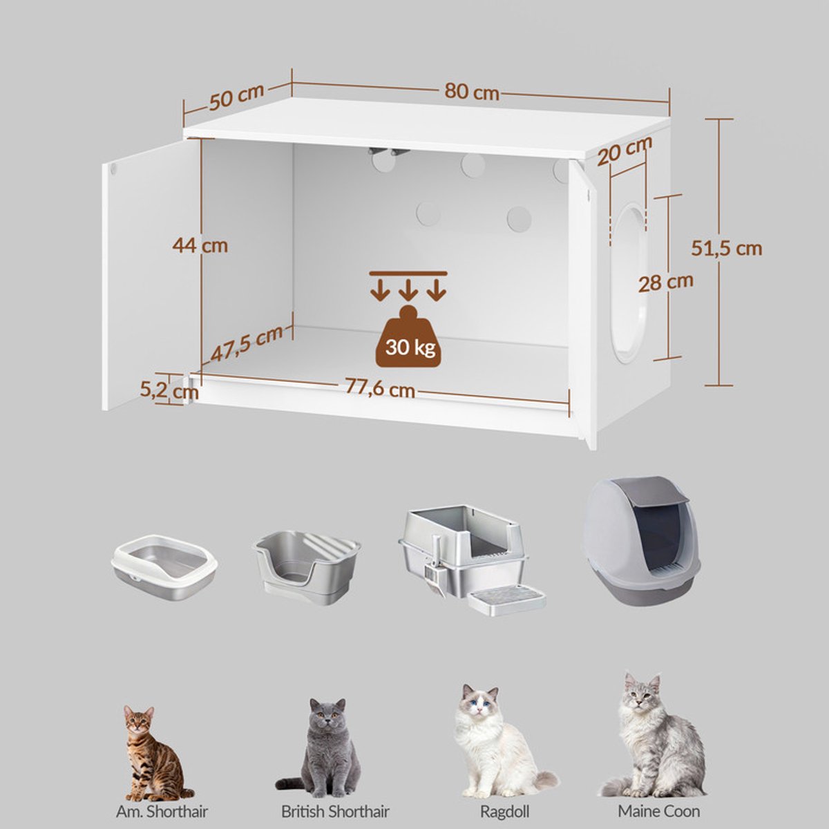 Miniatuur van productfoto 3 van Hzuaneri Kattenbak Kast,Druk-open Deuren & Ventilatiegaten,80 cm, Wit
