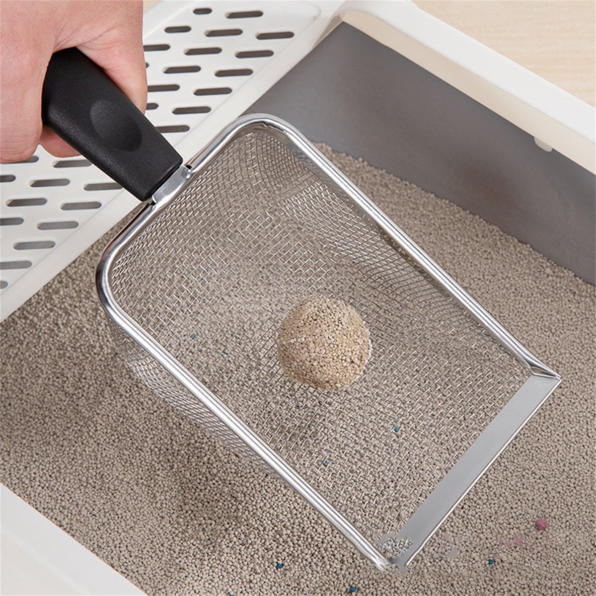 Miniatuur van productfoto 3 van Multifunctionele kattenbakschep - RVS gaasschep - Lange steel - 8 ogen 2,8 x 2,8 mm - Huisdierbenodigdheden - Schoonmaakschep voor huisdieren - Zwart - 1 stuk