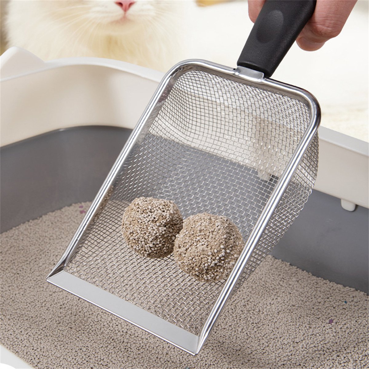 Miniatuur van productfoto 5 van Multifunctionele kattenbakschep - RVS gaasschep - Lange steel - 8 ogen 2,8 x 2,8 mm - Huisdierbenodigdheden - Schoonmaakschep voor huisdieren - Zwart - 1 stuk