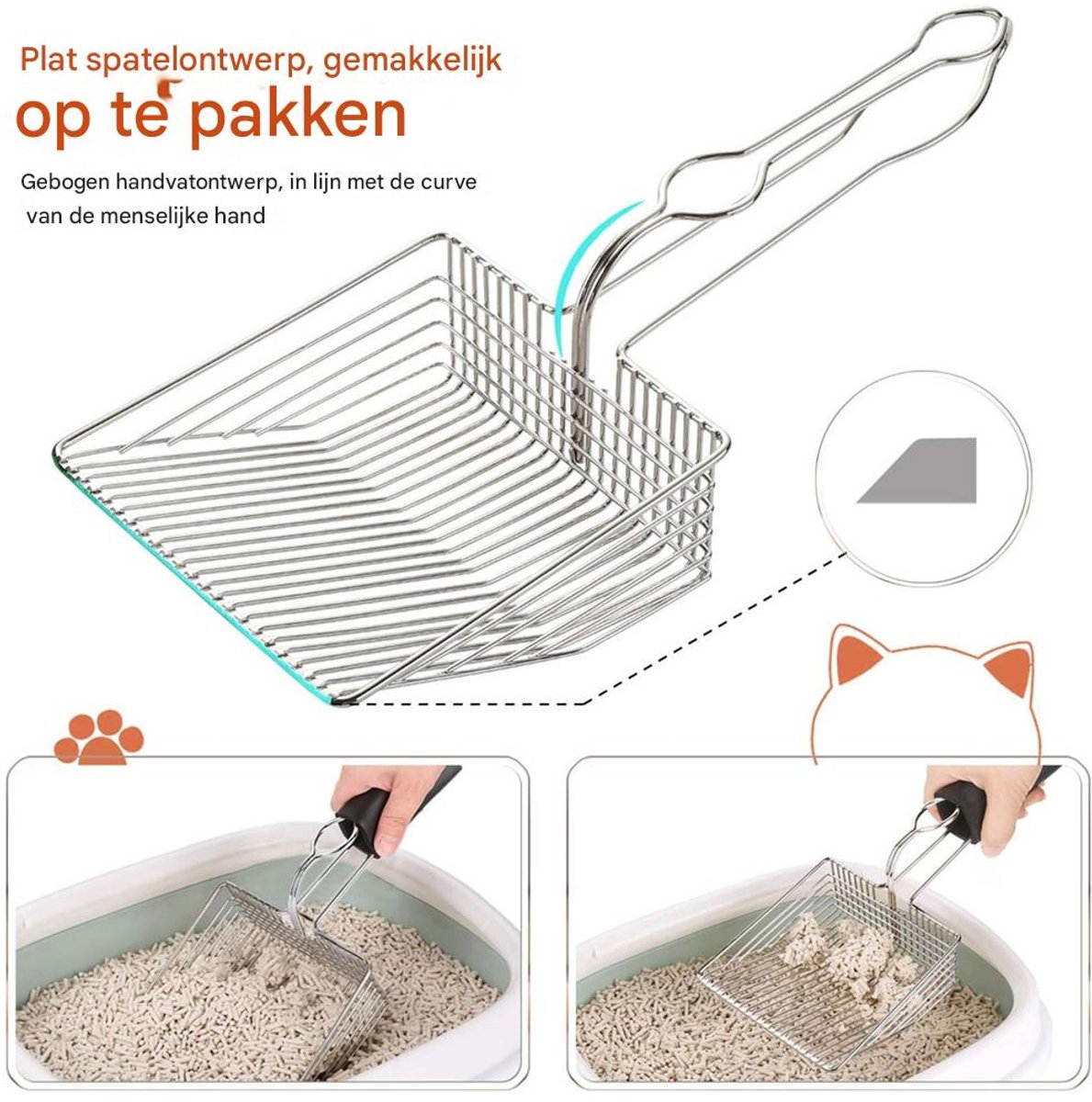 Miniatuur van productfoto 3 van Kattenbakschep - RVS Metaal - Stevig Zeefontwerp - Voor Klontvormend Zand & Urine - Huisdierenhygiëne - Kattenliefhebbers - Zilver - Groot - 1 stuks
