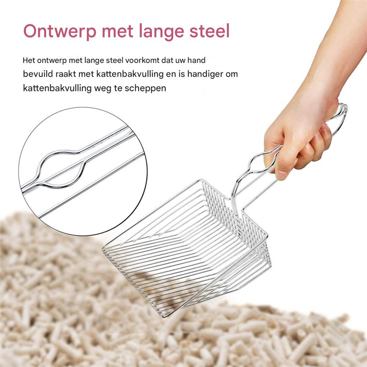 Miniatuur van productfoto 5 van Kattenbakschep - RVS Metaal - Stevig Zeefontwerp - Voor Klontvormend Zand & Urine - Huisdierenhygiëne - Kattenliefhebbers - Zilver - Groot - 1 stuks